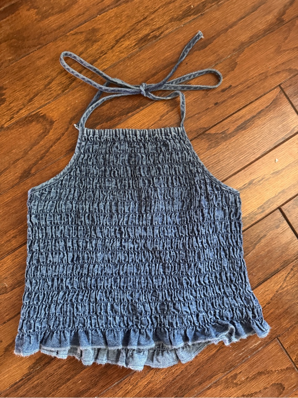 American Eagle Outfitters Denim-Look Smocked Halter Top - Blue